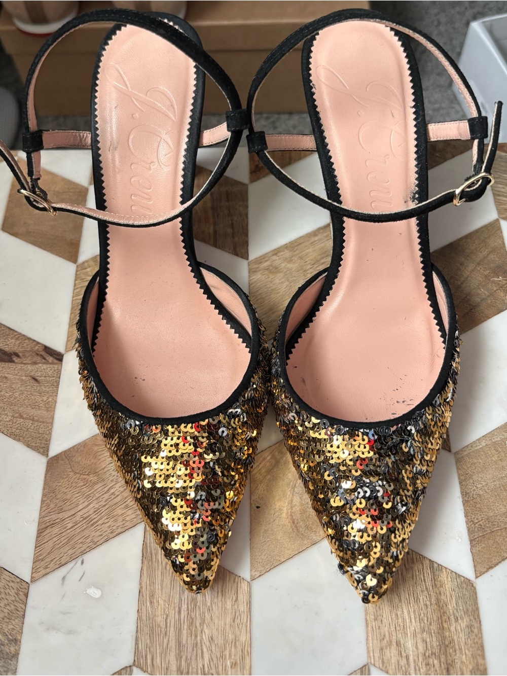 J. Crew Gold Sequin Pointed-Toe Ankle-Strap Heels with Black Trim